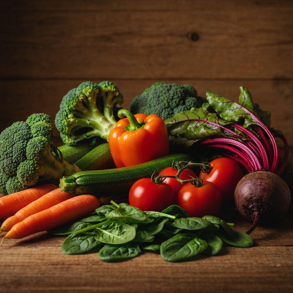 Fresh colorful vegetables including broccoli, carrots, bell peppers and greens arranged on a wooden surface