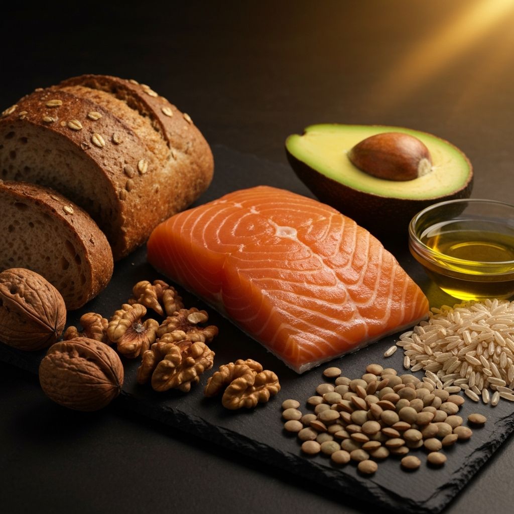 A composition of whole grains, legumes, fish, nuts and olive oil representing diverse macronutrient sources