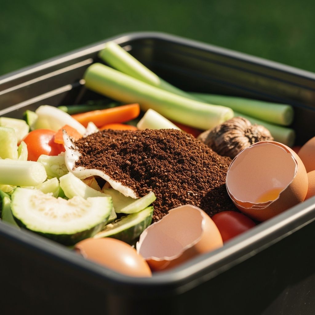 A home composting container with fresh vegetable scraps illustrating food waste reduction